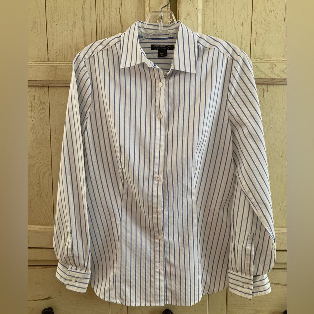 Covington Essentials Women’s White & Blue Striped LS Blouse - Size Medium
